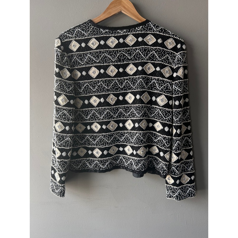 Papell Boutique Evening Vintage Silk Beaded Embroidered Jacket‎ Black White M - Picture 2 of 9